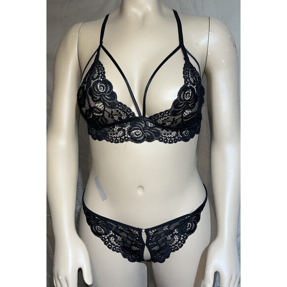 Pinup Doll Lace Bralette & G-String Set Women SexyLingerie Underwear Black Large - Picture 2 of 11